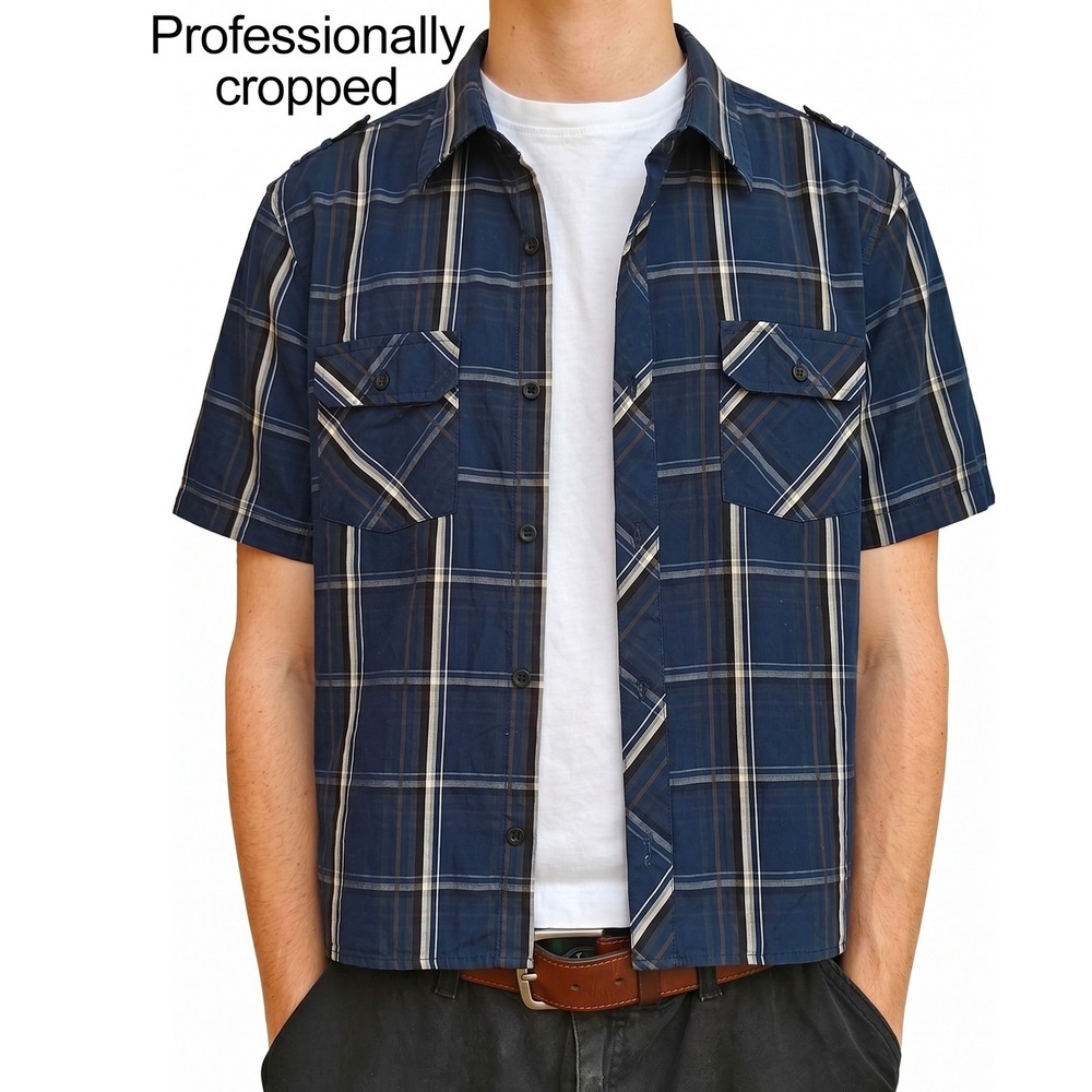 Eighty Eight Platinum Mens XL Navy Blue Plaid Cropped Short Sleeve Button Shirt
